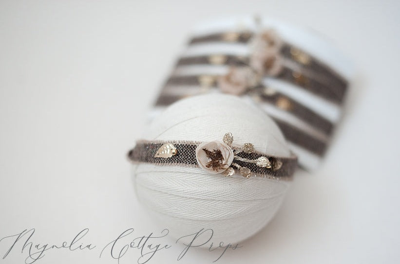Brown and Gold Bling tieback newborn, baby and sitter