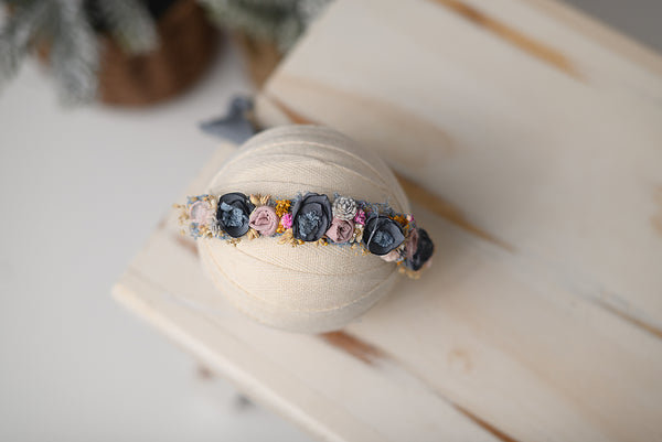 "The Victoria" Floral Tieback Crown Halo Newborn Toddler Pink Blue Sky