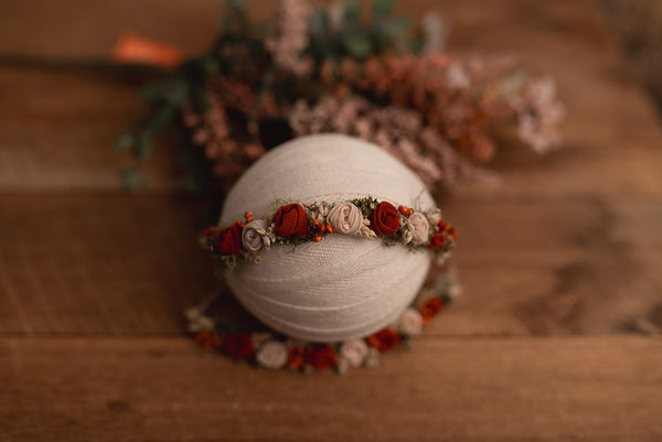 Rust Orange Floral Demi Crown Halo newborn, baby and sitter Tieback Headband (Copy)