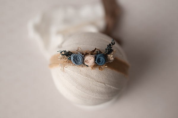 Coco Brown and Blue Linen Floral & Lace tieback newborn, baby and sitter