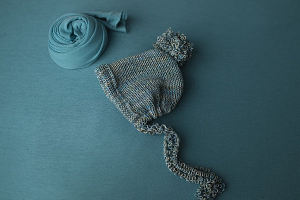 Robins Egg Blue drop wrap and newborn knit bonnet (each sold separately)