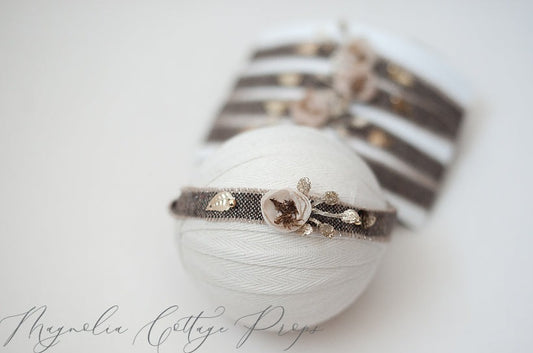 Brown and Gold Bling tieback newborn, baby and sitter
