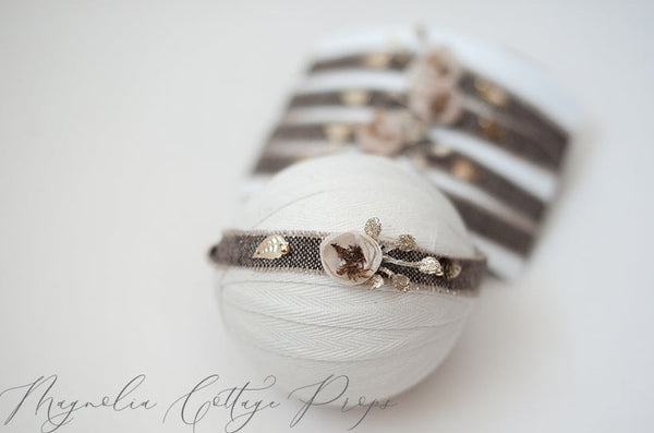 Brown and Gold Bling tieback newborn, baby and sitter
