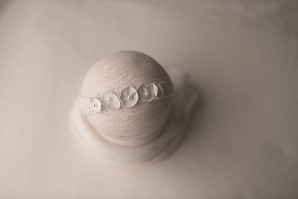 Peek A Boo Lace Like White Wrap, Backdrop  coordinating tieback headband Set (each purchased separately)