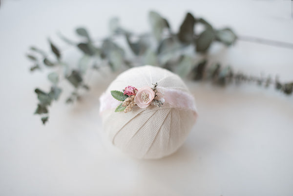 Pale Pink  with flowersVelvet Headband - Newborn