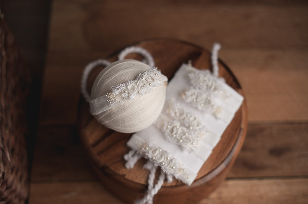 White Patterned Backdrop, Wrap and Tieback headband(each purchased separately)