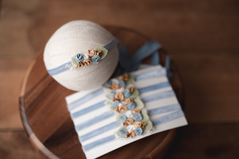 Smoke Blue Velvet tieback newborn, baby and sitter