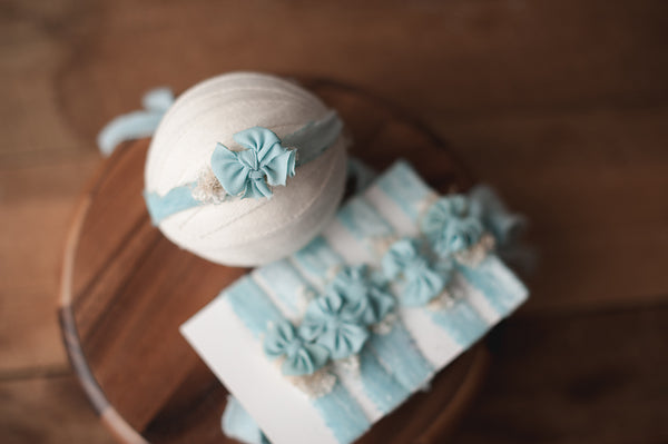 Blue Velvet Tieback with cashmere ties newborn, baby and sitter